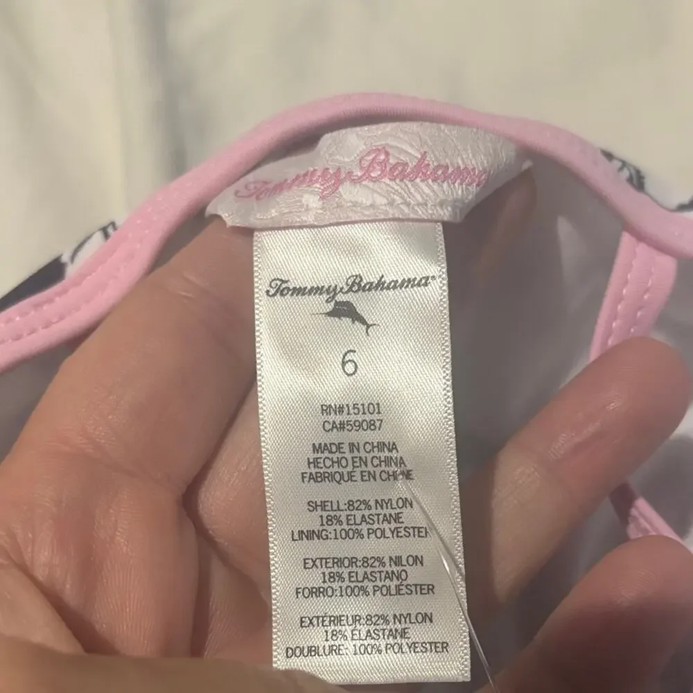 Tommy Bahama 6 Pink white Blue Striped swimsuit swim floral overlay print NWT